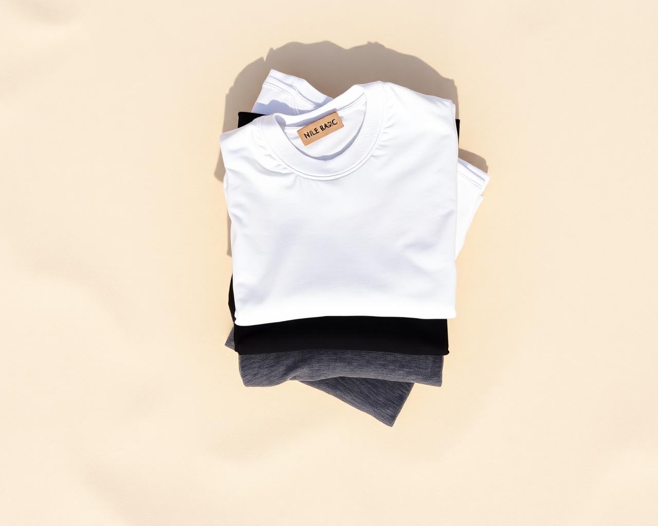 Stack of five folded NILE BASIC tees with hang tag