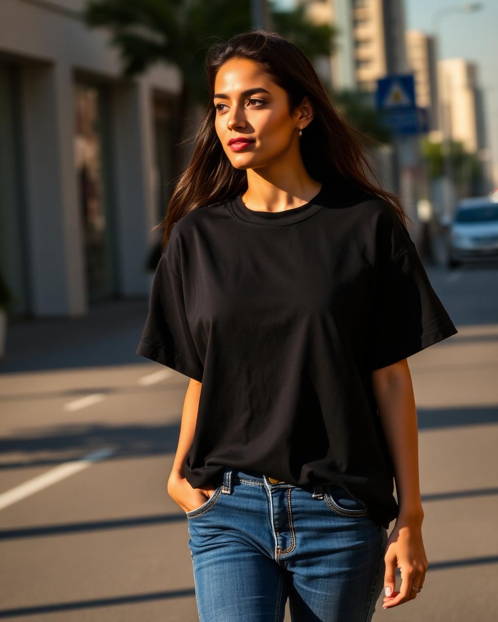 Egyptian woman wearing oversized black tee on Cairo street