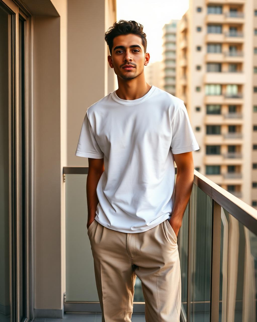 Egyptian man wearing white basic tee on Cairo balcony
