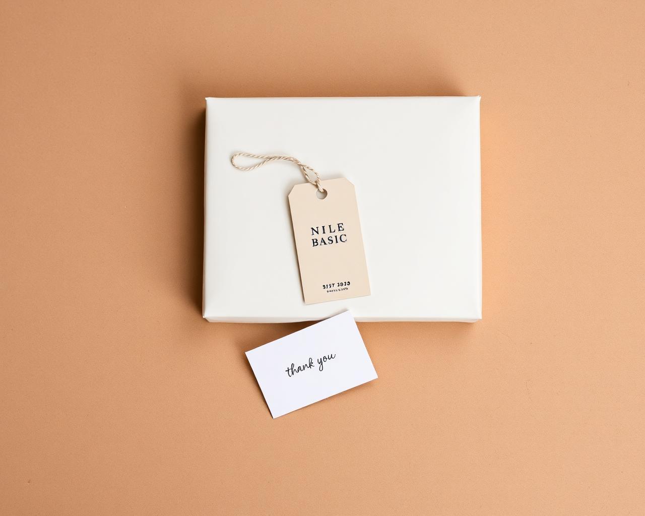 NILE BASIC packaging with hang tag and thank-you card